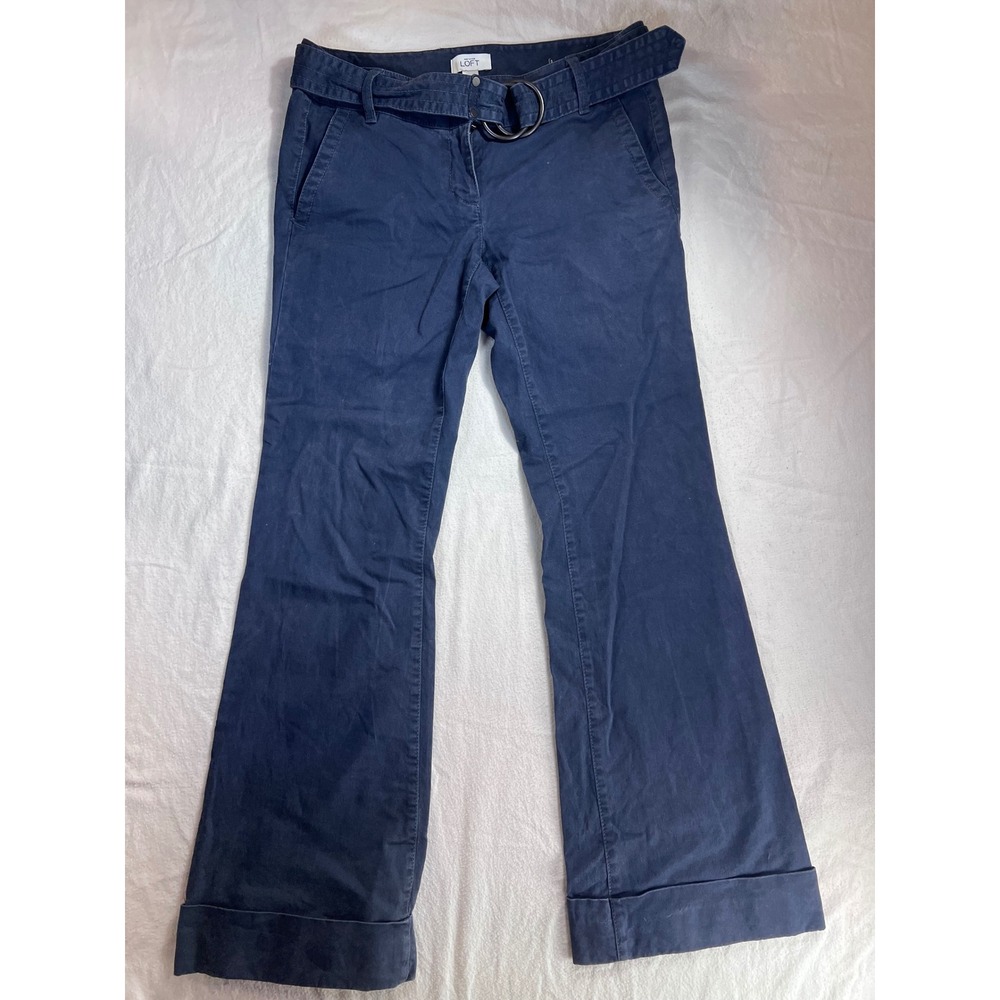 Ann Taylor LOFT Marisa Navy Blue Wide Leg Cuffed Trousers D-Ring Belt Size 6